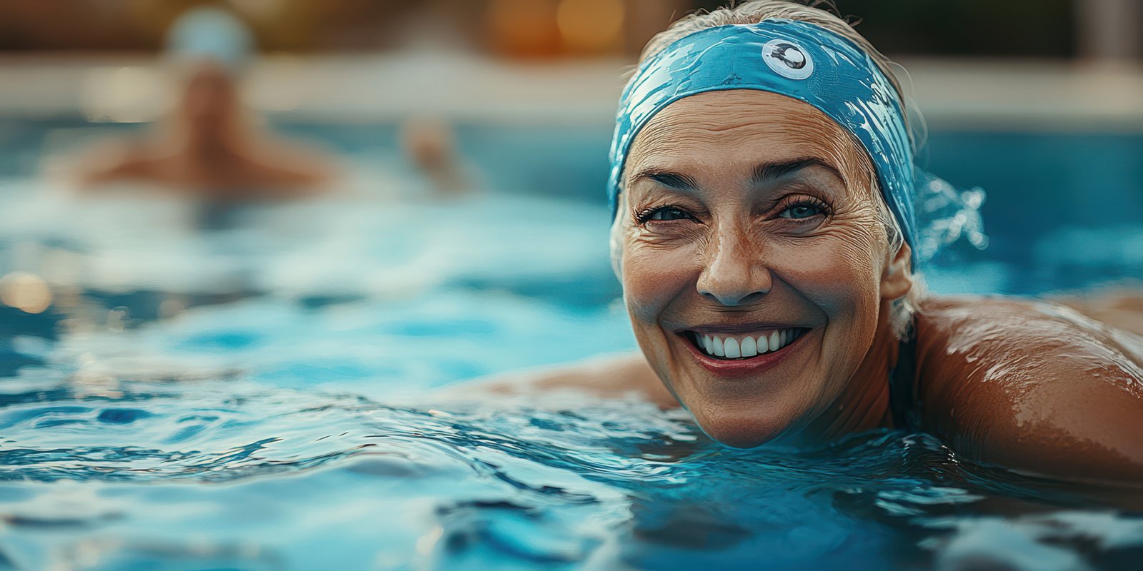Smiling mature woman enjoying swimming in blue water pool during sunny day